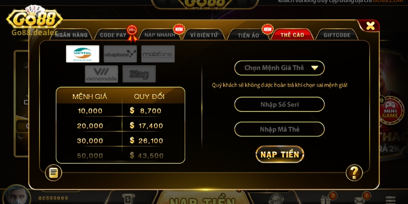Các bước chuyển tiền Go88 thông qua thẻ cào điện thoại