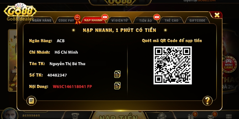 Nạp tiền Go88 với hình thức chuyển khoản nhanh